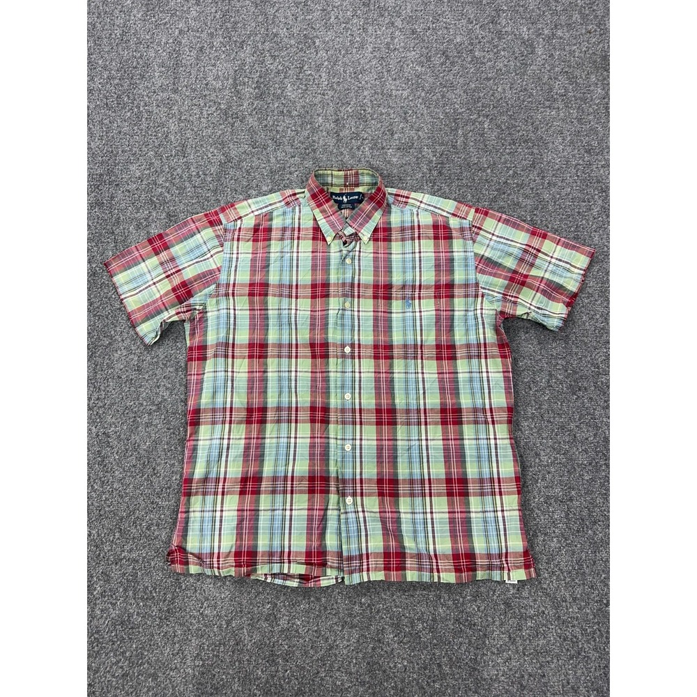 Vintage Ralph Lauren Shirt Mens M Red Green Plaid Short Sleeve Greggor Button